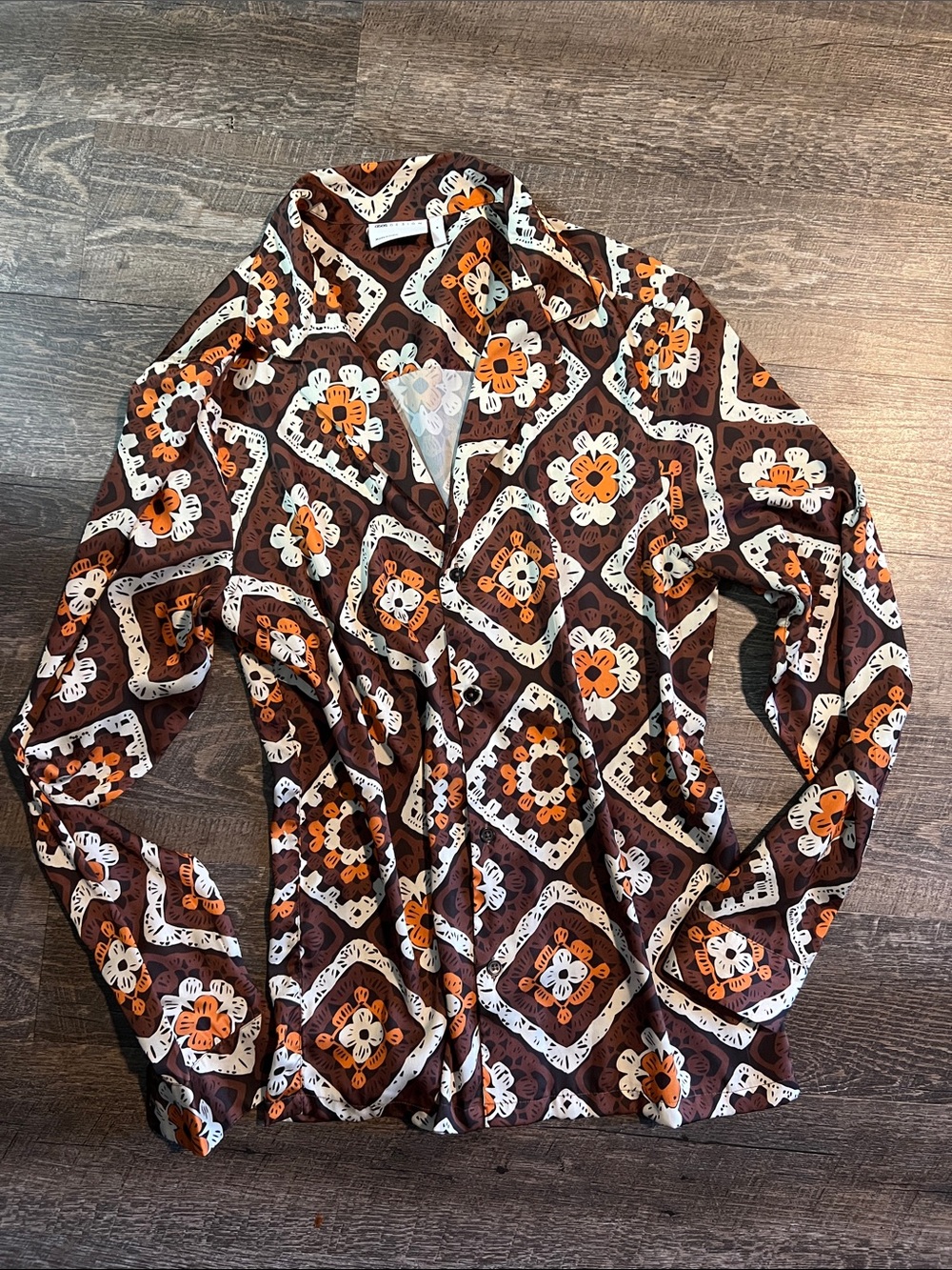 ASOS Brown Button-Down Shirt with Orange and White Floral Geometric Print